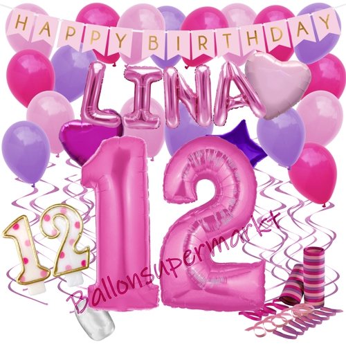 Ballons-und-Dekorations-Set-zum-12.-Geburtstag-Happy-Birthday-Pink-mit-Namen