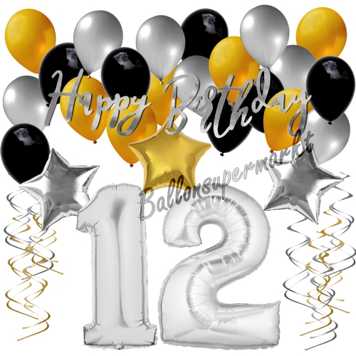Ballons-und-Dekorations-Set-zum-12.-Geburtstag-Happy-Birthday-Silber-Gold-Schwarz