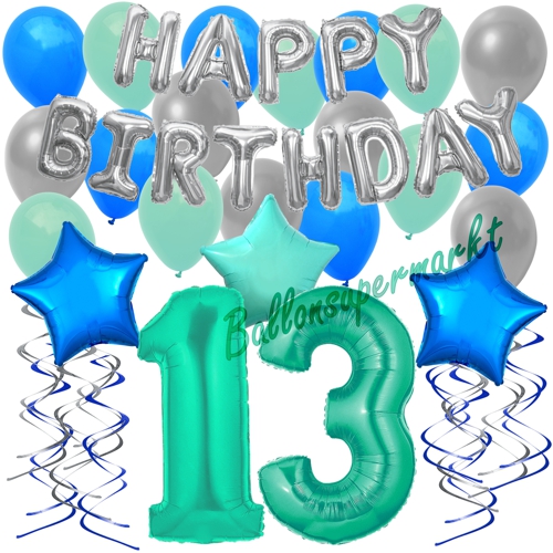 Ballons-und-Dekorations-Set-zum-13.-Geburtstag-Happy-Birthday-Aquamarin