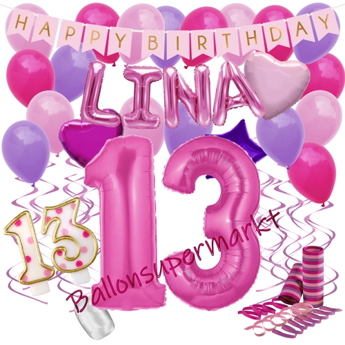 Ballons-und-Dekorations-Set-zum-13.-Geburtstag-Happy-Birthday-Pink-mit-Namen