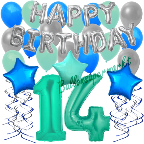 Ballons-und-Dekorations-Set-zum-14.-Geburtstag-Happy-Birthday-Aquamarin