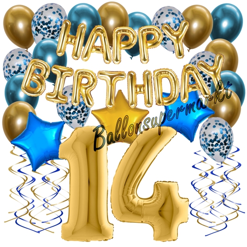Ballons-und-Dekorations-Set-zum-14.-Geburtstag-Happy-Birthday-Chrome-Blue-and-Gold