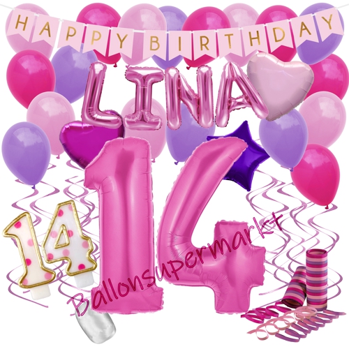 Ballons-und-Dekorations-Set-zum-14.-Geburtstag-Happy-Birthday-Pink-mit-Namen