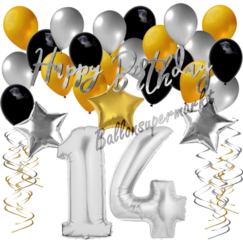 Ballons-und-Dekorations-Set-zum-14.-Geburtstag-Happy-Birthday-Silber-Gold-Schwarz