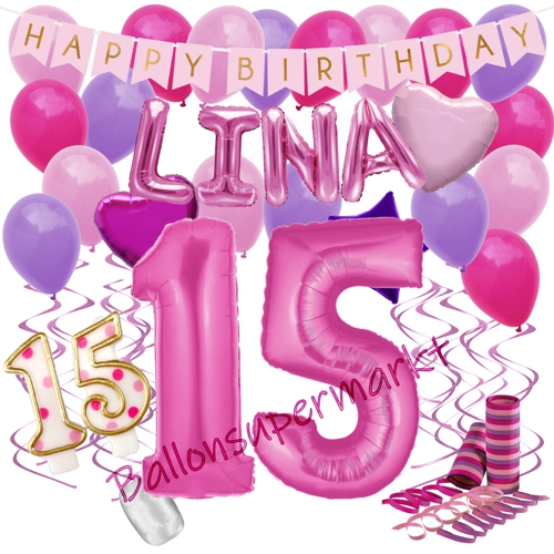 Ballons-und-Dekorations-Set-zum-15.-Geburtstag-Happy-Birthday-Pink-mit-Namen