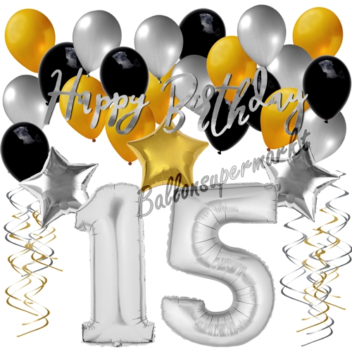 Ballons-und-Dekorations-Set-zum-15.-Geburtstag-Happy-Birthday-Silber-Gold-Schwarz