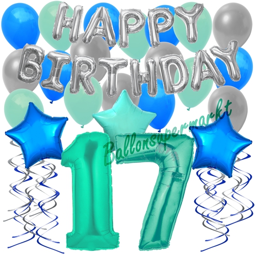 Ballons-und-Dekorations-Set-zum-17.-Geburtstag-Happy-Birthday-Aquamarin