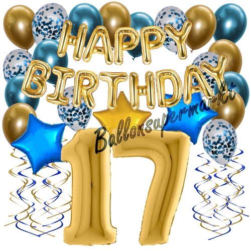 Ballons-und-Dekorations-Set-zum-17.-Geburtstag-Happy-Birthday-Chrome-Blue-and-Gold