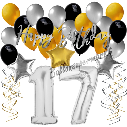 Ballons-und-Dekorations-Set-zum-17.-Geburtstag-Happy-Birthday-Silber-Gold-Schwarz