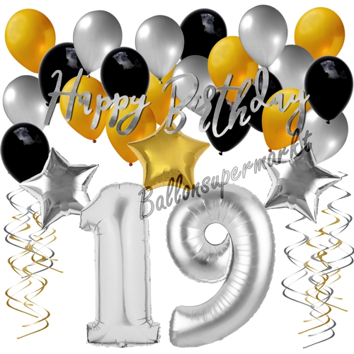 Ballons-und-Dekorations-Set-zum-19.-Geburtstag-Happy-Birthday-Silber-Gold-Schwarz