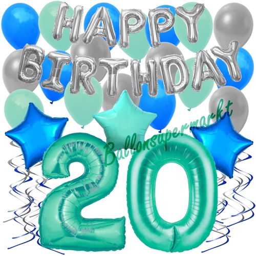 Ballons-und-Dekorations-Set-zum-20.-Geburtstag-Happy-Birthday-Aquamarin