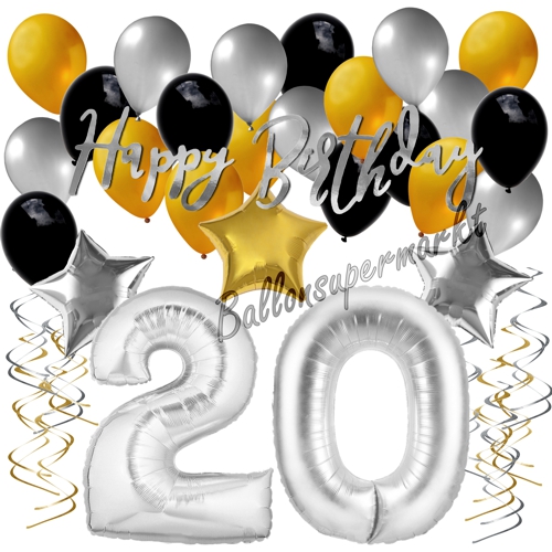 Ballons-und-Dekorations-Set-zum-20.-Geburtstag-Happy-Birthday-Silber-Gold-Schwarz