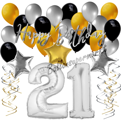 Ballons-und-Dekorations-Set-zum-21.-Geburtstag-Happy-Birthday-Silber-Gold-Schwarz