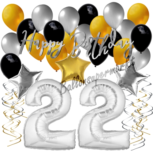Ballons-und-Dekorations-Set-zum-22.-Geburtstag-Happy-Birthday-Silber-Gold-Schwarz