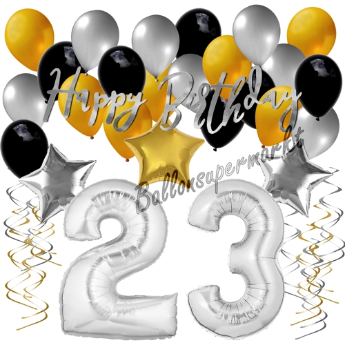 Ballons-und-Dekorations-Set-zum-23.-Geburtstag-Happy-Birthday-Silber-Gold-Schwarz