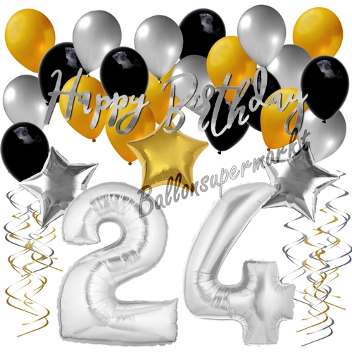 Ballons-und-Dekorations-Set-zum-24.-Geburtstag-Happy-Birthday-Silber-Gold-Schwarz
