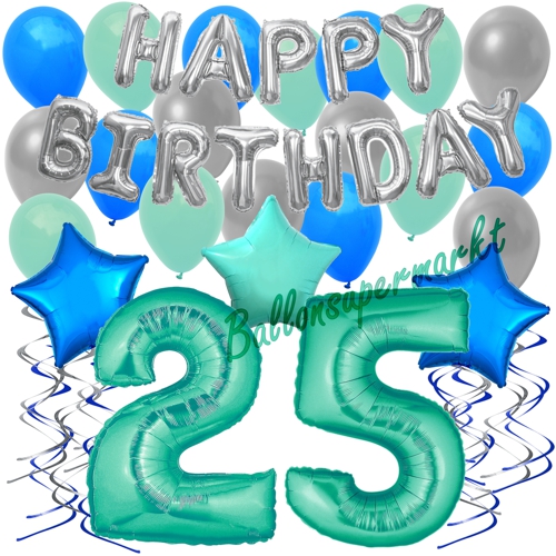 Ballons-und-Dekorations-Set-zum-25.-Geburtstag-Happy-Birthday-Aquamarin