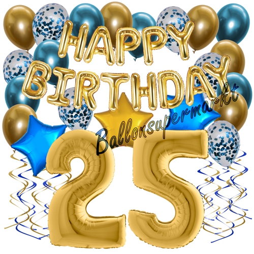 Ballons-und-Dekorations-Set-zum-25.-Geburtstag-Happy-Birthday-Chrome-Blue-and-Gold
