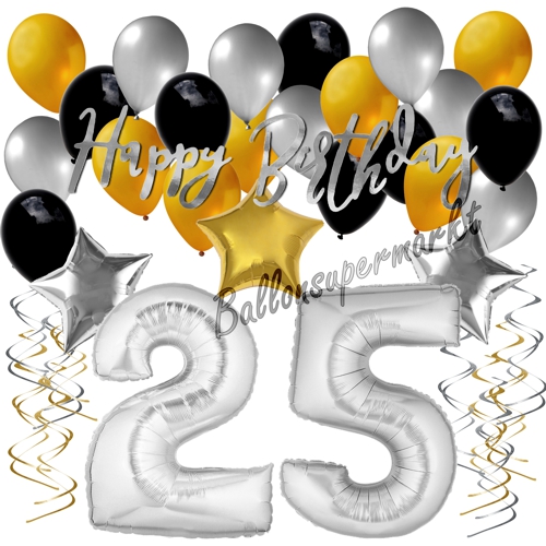 Ballons-und-Dekorations-Set-zum-25.-Geburtstag-Happy-Birthday-Silber-Gold-Schwarz