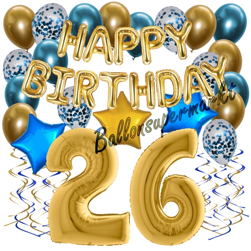 Ballons-und-Dekorations-Set-zum-26.-Geburtstag-Happy-Birthday-Chrome-Blue-and-Gold