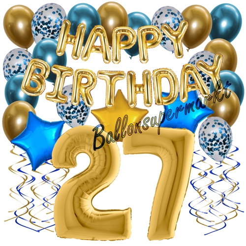 Ballons-und-Dekorations-Set-zum-27.-Geburtstag-Happy-Birthday-Chrome-Blue-and-Gold