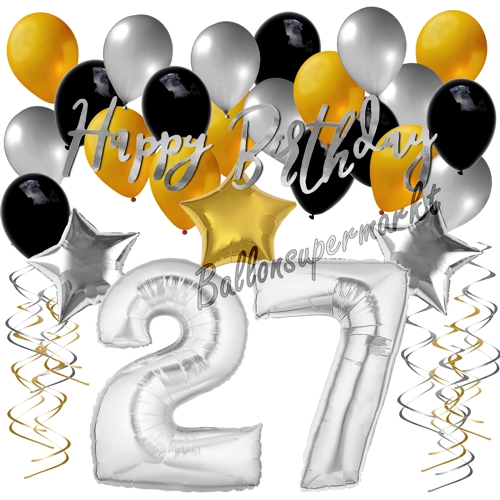 Ballons-und-Dekorations-Set-zum-27.-Geburtstag-Happy-Birthday-Silber-Gold-Schwarz