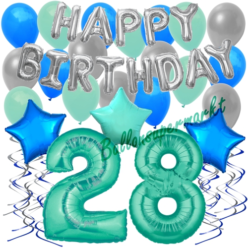 Ballons-und-Dekorations-Set-zum-28.-Geburtstag-Happy-Birthday-Aquamarin
