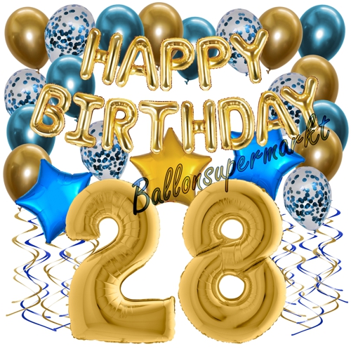 Ballons-und-Dekorations-Set-zum-28.-Geburtstag-Happy-Birthday-Chrome-Blue-and-Gold