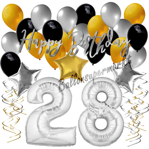Ballons-und-Dekorations-Set-zum-28.-Geburtstag-Happy-Birthday-Silber-Gold-Schwarz