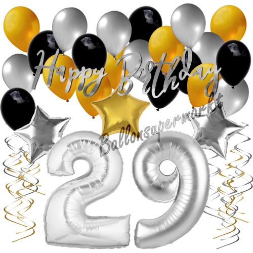 Ballons-und-Dekorations-Set-zum-29.-Geburtstag-Happy-Birthday-Silber-Gold-Schwarz