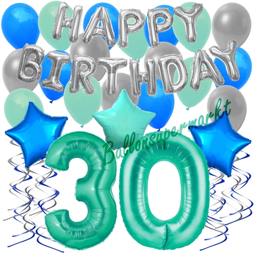 Ballons-und-Dekorations-Set-zum-30.-Geburtstag-Happy-Birthday-Aquamarin
