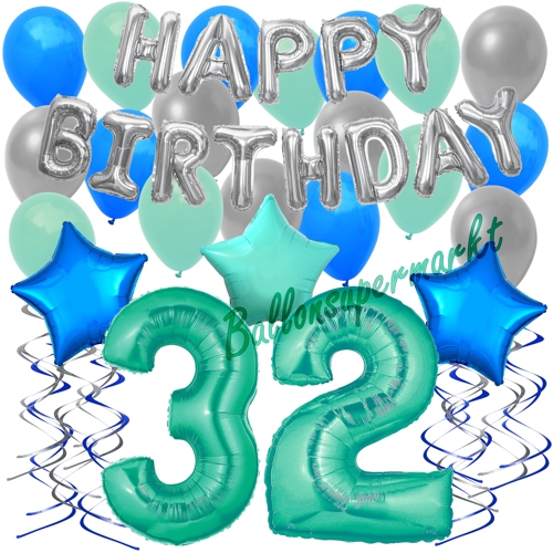 Ballons-und-Dekorations-Set-zum-32.-Geburtstag-Happy-Birthday-Aquamarin