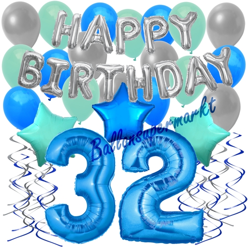 Ballons-und-Dekorations-Set-zum-32.-Geburtstag-Happy-Birthday-Blau