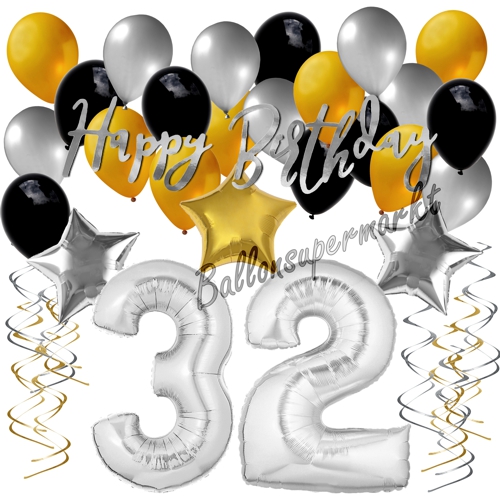 Ballons-und-Dekorations-Set-zum-32.-Geburtstag-Happy-Birthday-Silber-Gold-Schwarz