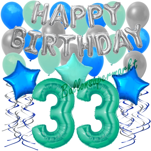 Ballons-und-Dekorations-Set-zum-33.-Geburtstag-Happy-Birthday-Aquamarin