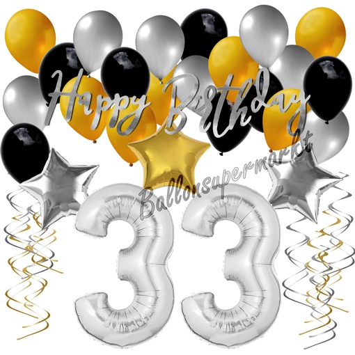 Ballons-und-Dekorations-Set-zum-33.-Geburtstag-Happy-Birthday-Silber-Gold-Schwarz