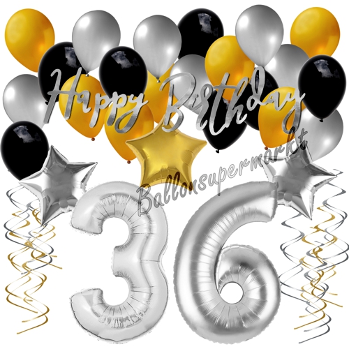 Ballons-und-Dekorations-Set-zum-36.-Geburtstag-Happy-Birthday-Silber-Gold-Schwarz