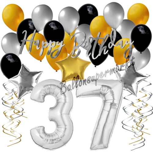 Ballons-und-Dekorations-Set-zum-37.-Geburtstag-Happy-Birthday-Silber-Gold-Schwarz