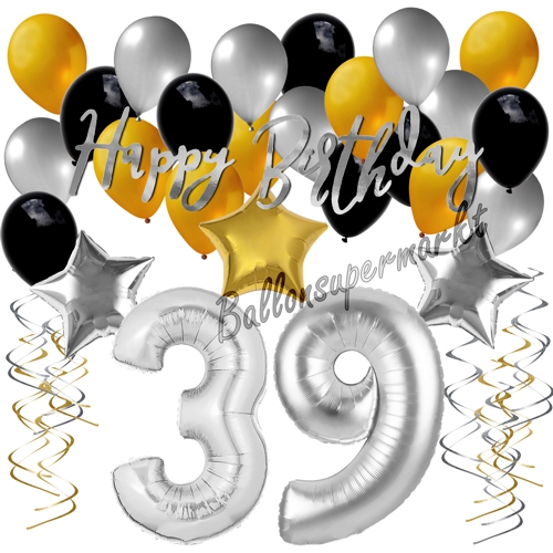 Ballons-und-Dekorations-Set-zum-39.-Geburtstag-Happy-Birthday-Silber-Gold-Schwarz