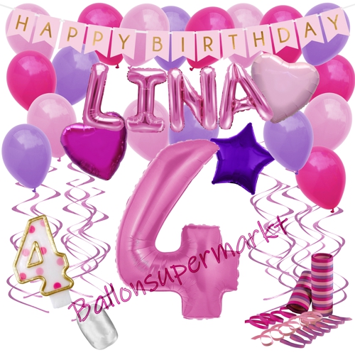 Ballons-und-Dekorations-Set-zum-4.-Geburtstag-Happy-Birthday-Pink-mit-Namen
