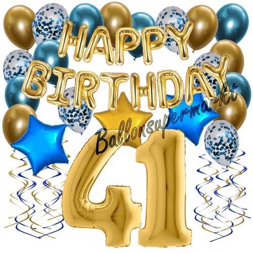 Ballons-und-Dekorations-Set-zum-41.-Geburtstag-Happy-Birthday-Chrome-Blue-and-Gold
