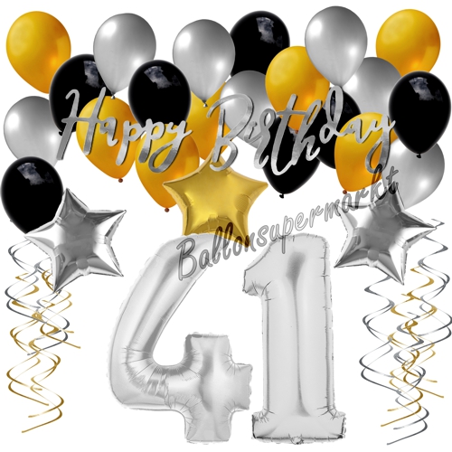 Ballons-und-Dekorations-Set-zum-41.-Geburtstag-Happy-Birthday-Silber-Gold-Schwarz