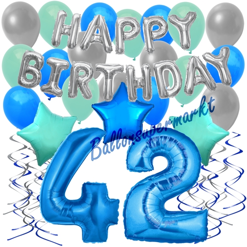 34teiliges GeburtstagsdekoSet mit Luftballons, Happy Birthday Blue zum 42. Geburtstag