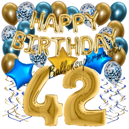 Ballons-und-Dekorations-Set-zum-42.-Geburtstag-Happy-Birthday-Chrome-Blue-and-Gold