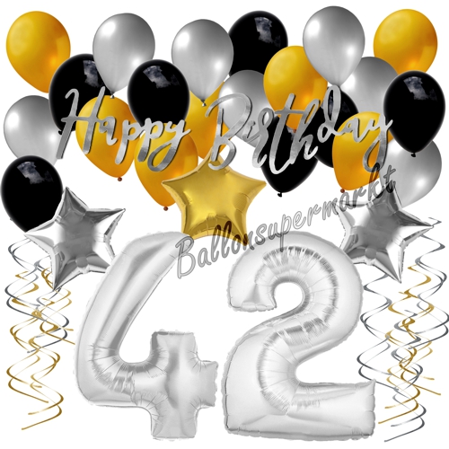 Ballons-und-Dekorations-Set-zum-42.-Geburtstag-Happy-Birthday-Silber-Gold-Schwarz