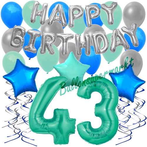 Ballons-und-Dekorations-Set-zum-43.-Geburtstag-Happy-Birthday-Aquamarin