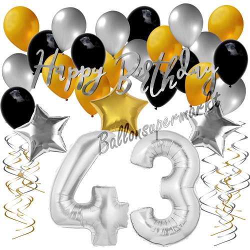 Ballons-und-Dekorations-Set-zum-43.-Geburtstag-Happy-Birthday-Silber-Gold-Schwarz