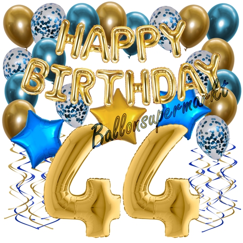 Ballons-und-Dekorations-Set-zum-44.-Geburtstag-Happy-Birthday-Chrome-Blue-and-Gold