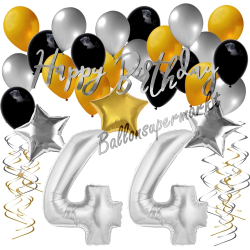 Ballons-und-Dekorations-Set-zum-44.-Geburtstag-Happy-Birthday-Silber-Gold-Schwarz