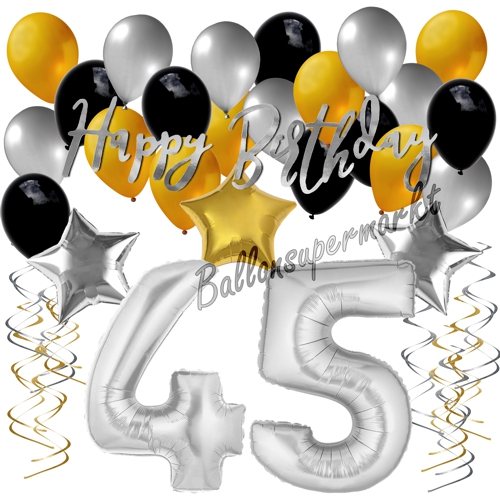 Ballons-und-Dekorations-Set-zum-45.-Geburtstag-Happy-Birthday-Silber-Gold-Schwarz